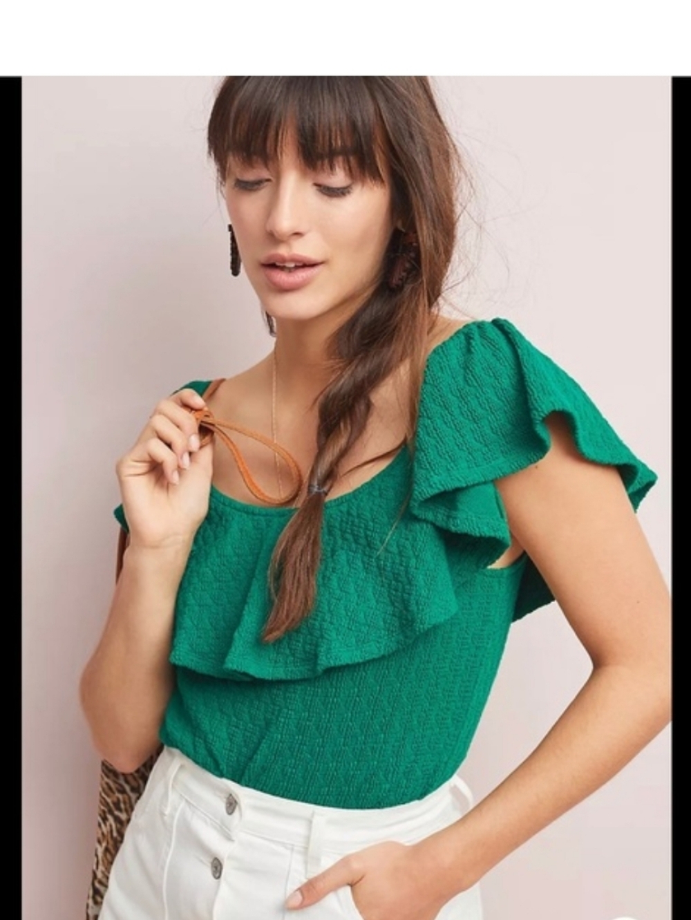 Anthropologie Textured Off-The-Shoulder Ruffle Top Green Size XL